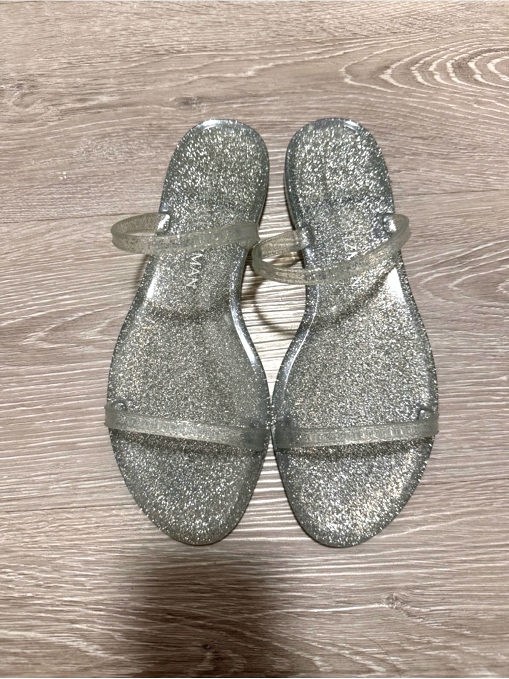 STUART WEITZMAN SAWYER SILVER GLITTER JELLY SANDALS, SIZE 8